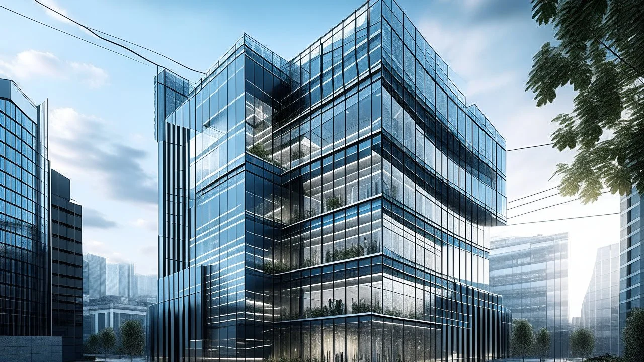 Contemporary glass and steel building with elegant lines and an innovative façade, surrounded by a busy cityscape, modern and in high resolution.