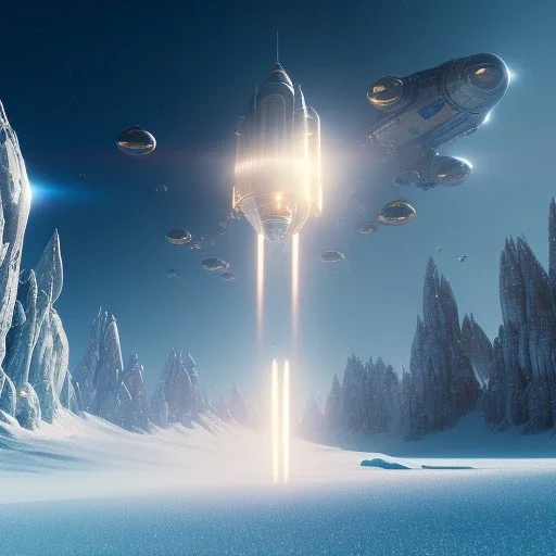 Spaceship landed on snowy mountain, sunny day. clear blue sky. gold. Elegant. Extremely detailed. Award winning photography. Fantasy. 8k. Cinematic lighting. Photorealistic. Dynamic lighting. Imperial colors. Crisp quality. Unreal Engine. Colourful cinematic postprocessing. Pixar. VRay.