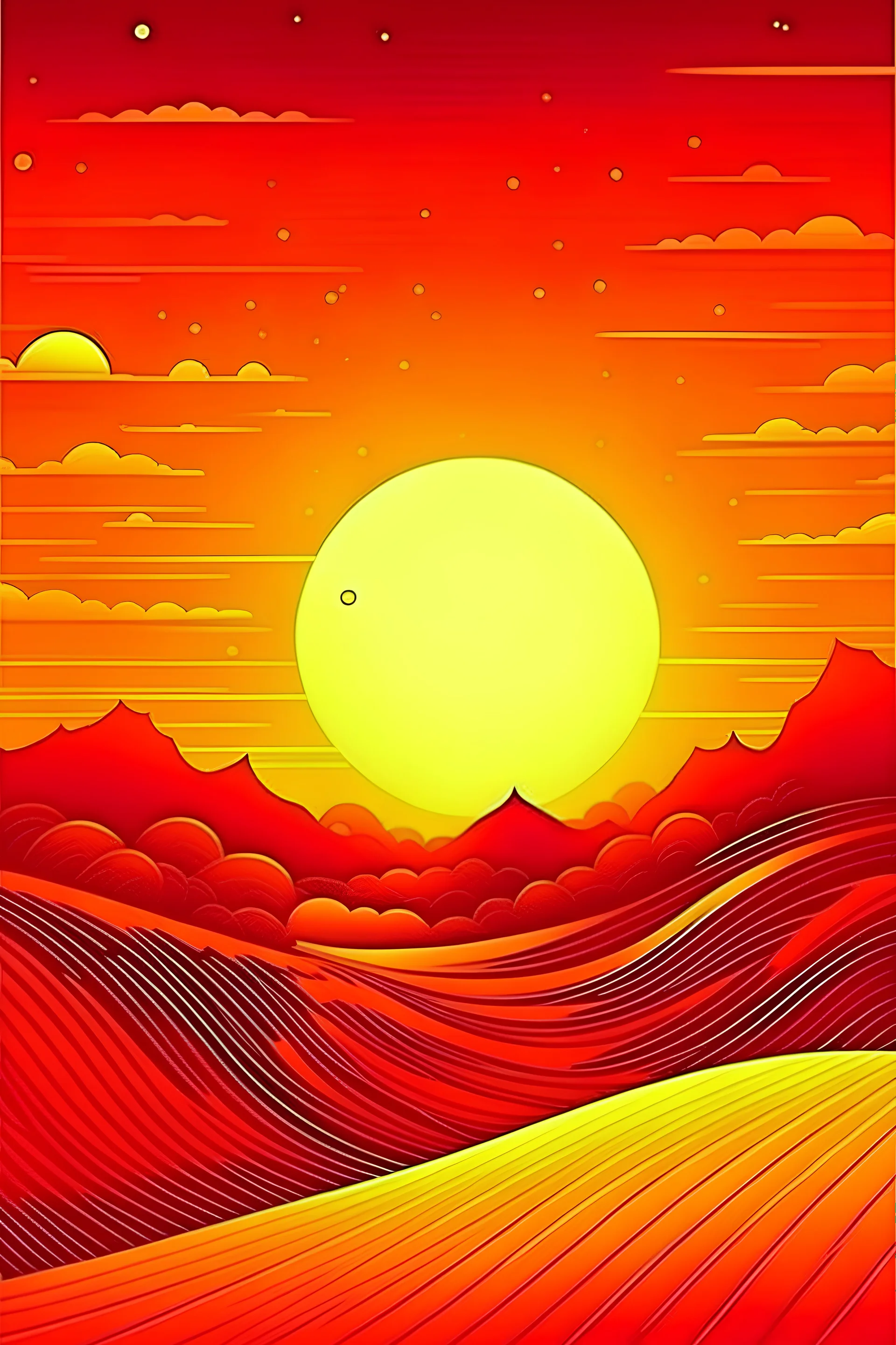 atardecer paisaje naranja sol dibujado con el mismo estilo que en la noche estrellada