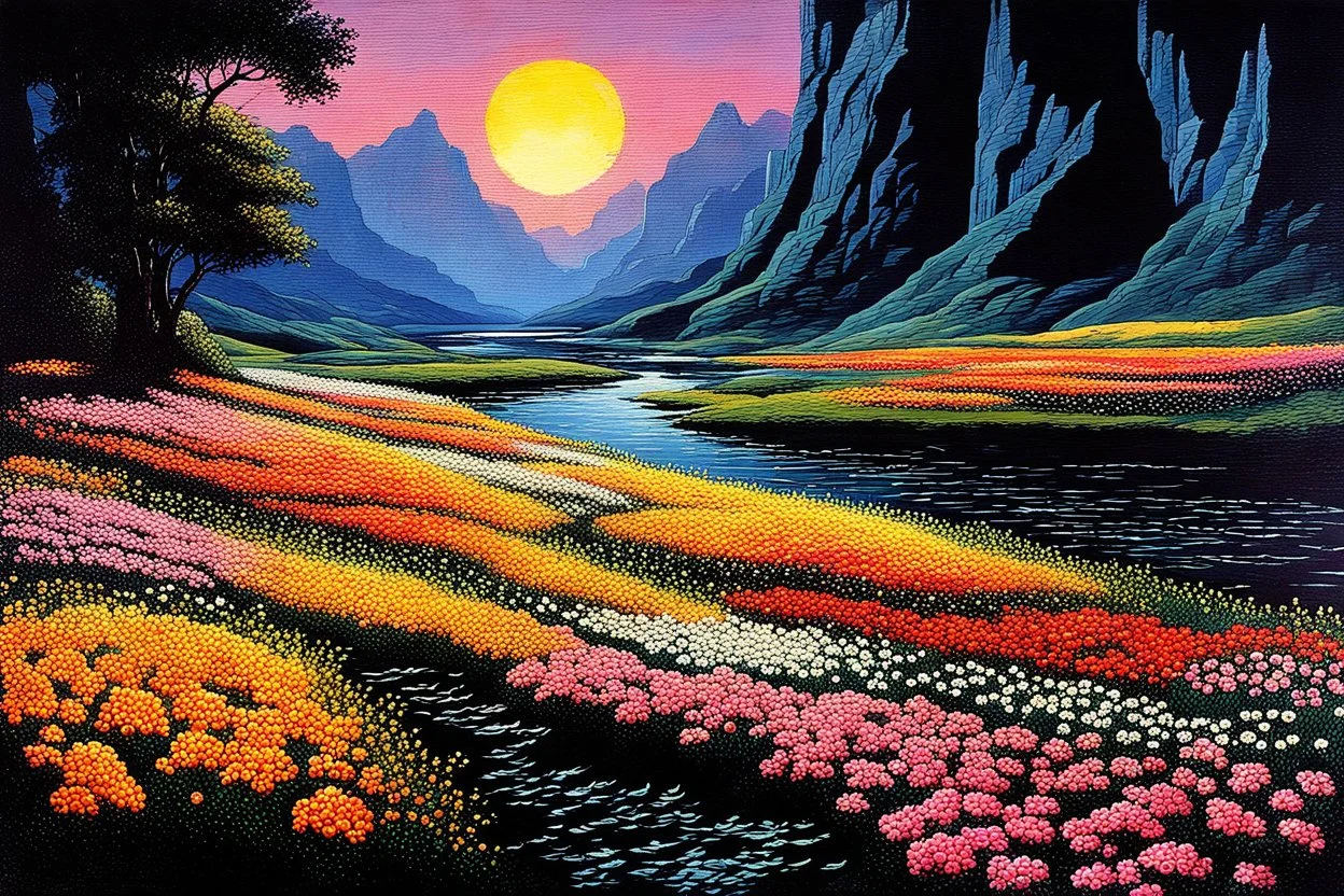 Beautiful epic sunset, logan's run 1976 movie influence, cosmic, people, rocks, holiday influence, river, flowers, very epic and philosophic, otto pippel impressionism paintings