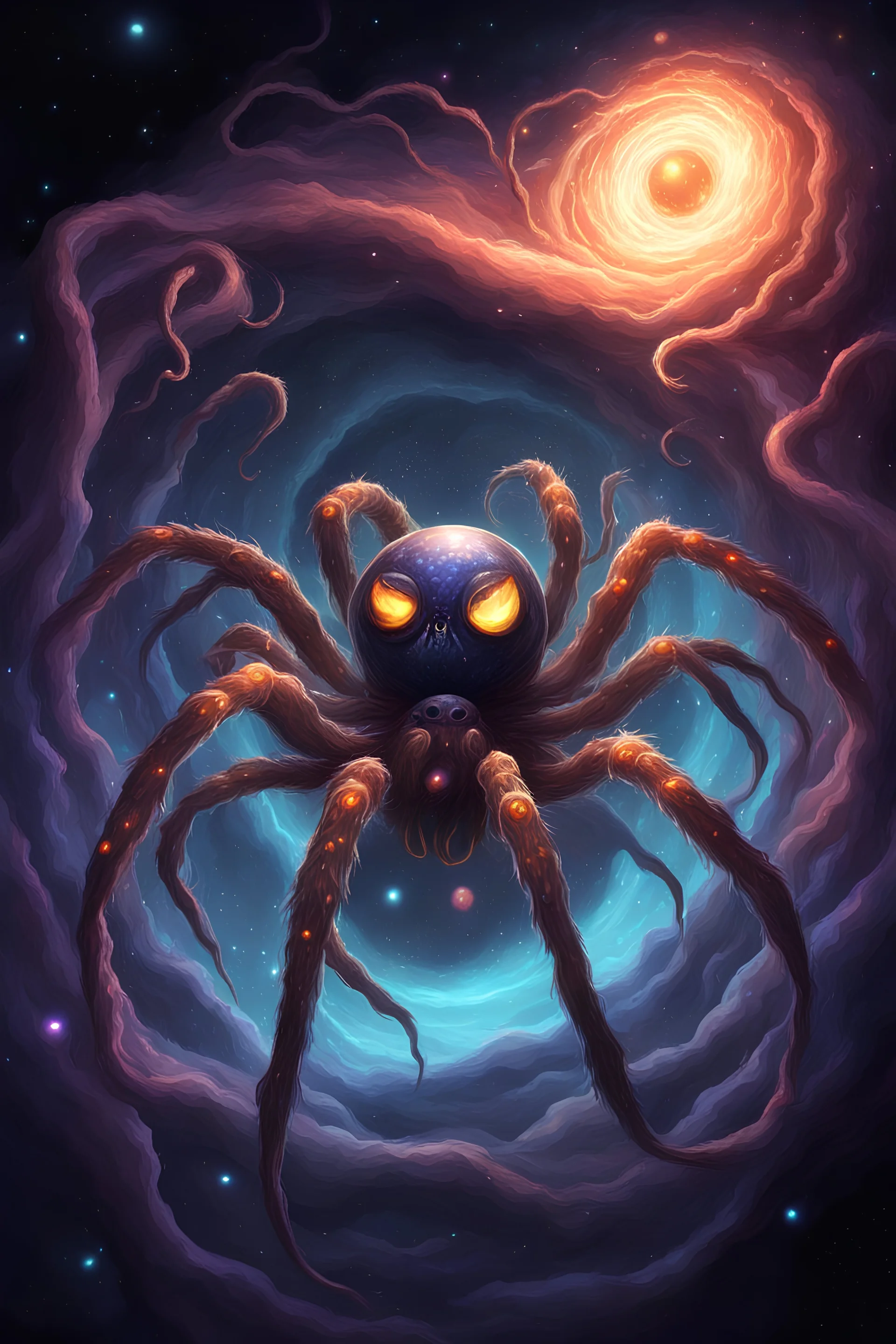 A cosmic spider slithering trough a hole in space and time, multiple glowing eyes,eldritch creature design