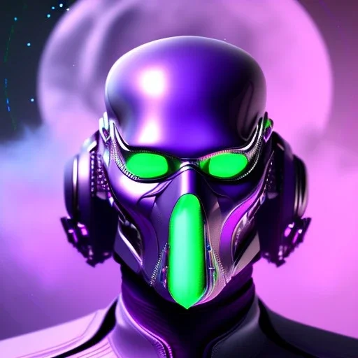 futuristic purple masked villain in galaxy, teal and purple smoke, detailed, realistic, 4k