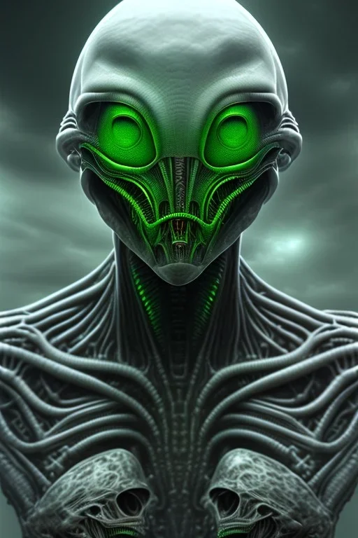 alien, head, evil,green eyes, weapons, blood, 8k, finely detailed, photo realistic, HR Giger style