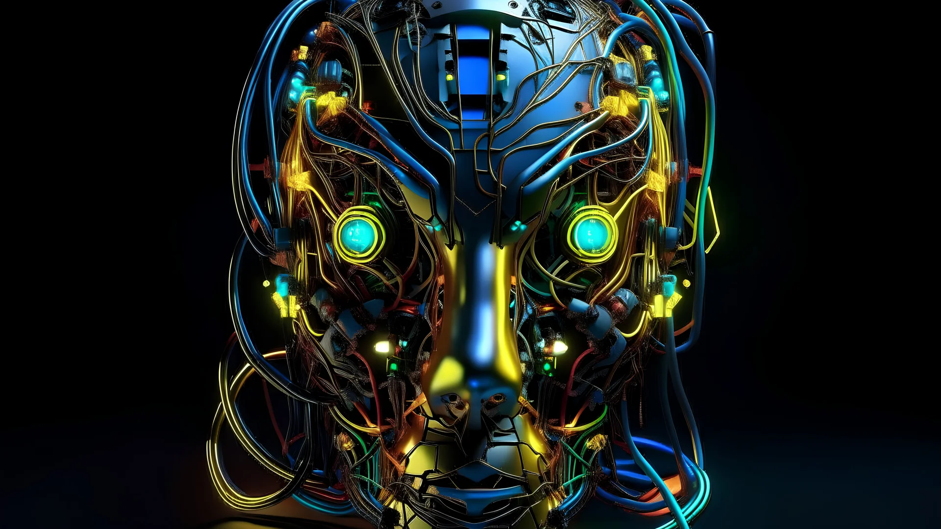 Ultra high quality an android mask made of cables and of processors and of circuits and of irons and of screws smoked background elemental flames lightning lights luminance colourful futuristic steampunk cyberpunk style