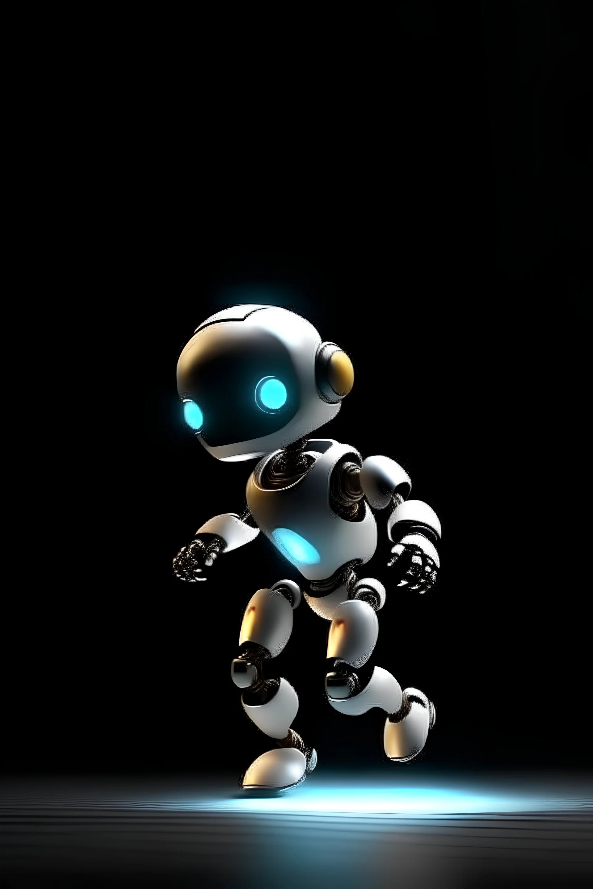 SIDE PROFILE VIEW OF A CUTE ROBOT RUNNING TO CATCH SHINING LIGHT IN VERY DARK ROOM