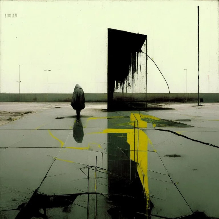 Minimal contemporary abstract oil paintings of desolate 1960s carpark with road markings and concrete fragments. Overlay with grungy typography graphics. style of Justin Mortimer and Francis Bacon.