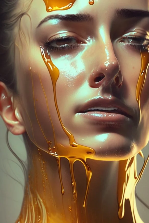 transparent Liquid honey dripping from woman face, photorealistic beautiful woman, light hair, full body, cover, hyperdetailed painting, luminism, Bar lighting, complex, 4k resolution concept art portrait by Greg Rutkowski, Artgerm, WLOP, Alphonse Mucha,