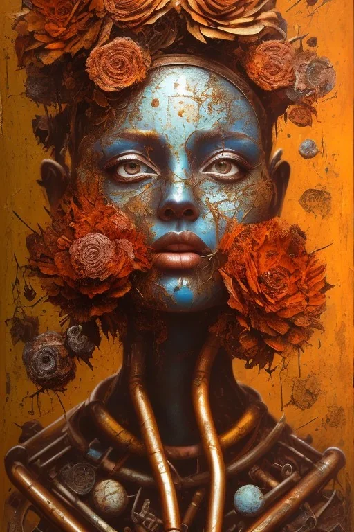 an abstract painting of rusted metal and flowers, african, rust, scaffolding, iron cladding, decay, mixed media, textured, anatomically correct, beautiful perfect face, sharp focus, highly detailed