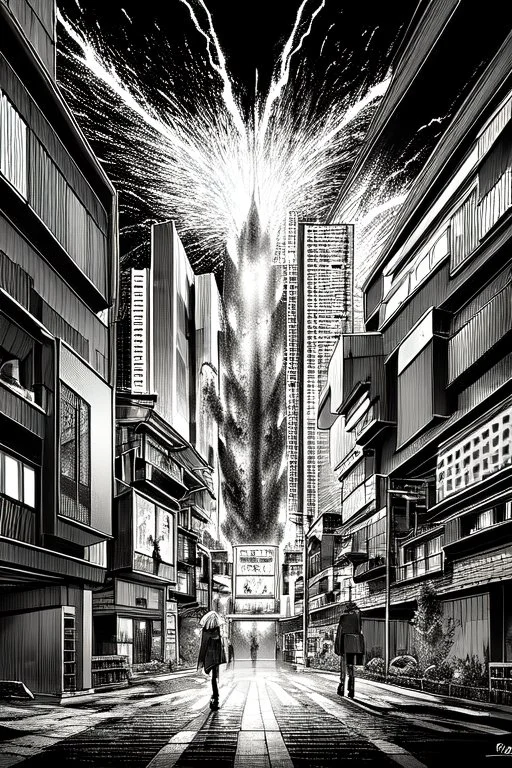 multiple explosions, buildings of Tokyo greyscale