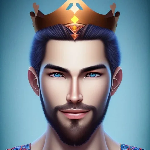 magnifique bel homme asiatique souriant ,yeux bleus,avec vetement et couronne celtique,cheveux clairs, fond bleu clair