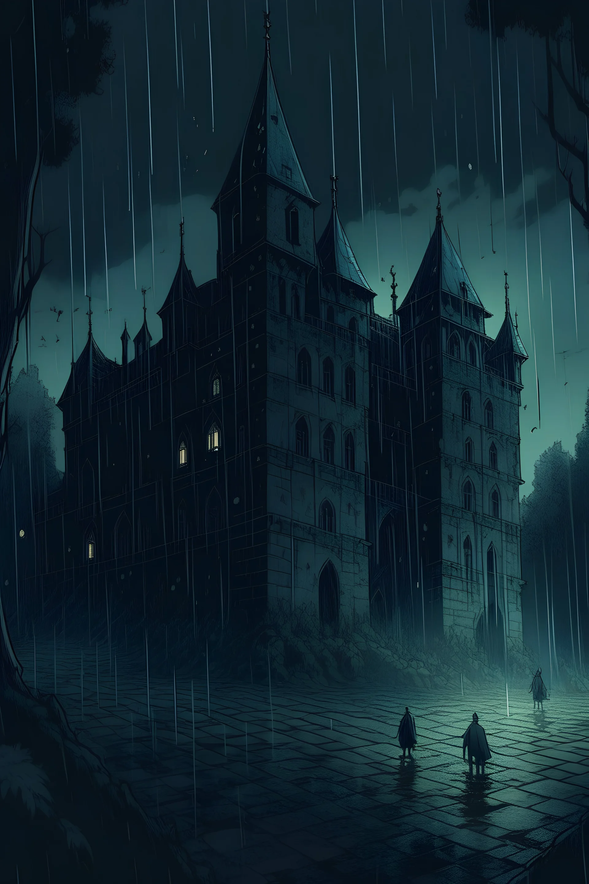 Old creepy dark castle, night, rain, 80’s comics book aesthetics