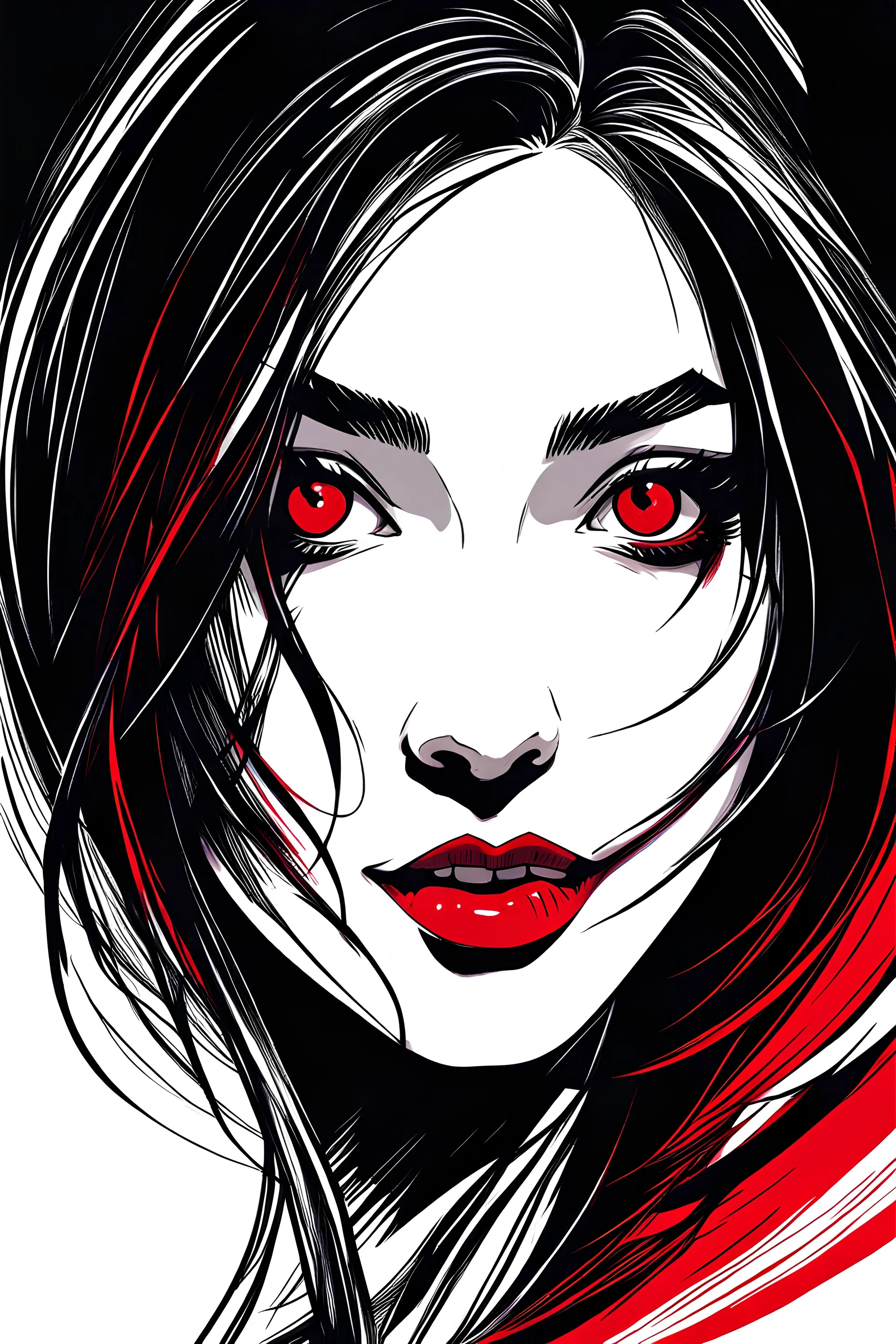 Scratchy pen strokes, blind contour, fisheye perspective closeup, beautiful girl vampire face in darkness, stark hatch shaded sketchy scribbly, ink, strong angular shapes, woodcut shading, pen strokes, cute smile, sexy eyes, minimalist realistic, anime proportions, distorted perspective, some red colors