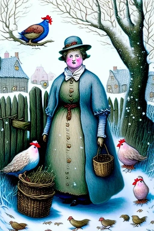 Friendly witch, playing with hens, perfect eyes, pastel colours, snow, style Beatrix Potter