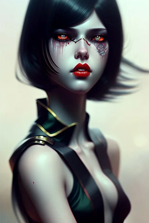 girl, cute, beautiful, white eyes, red lips, black hair short with bangs, goth, close up portrait by Greg Rutkowski