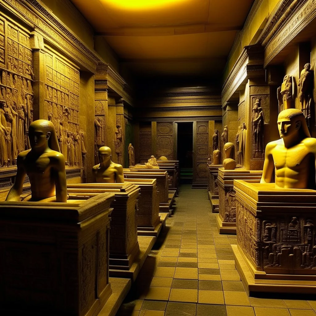 Dark yellow chambers with tombs and mummies designed in ancient Egyptian architectures and sculptures painted by Henri Rousseau