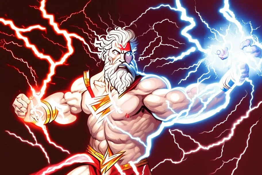 A detailed illustration of Zeus holding two lightnings in front of himself. Portret. He is moving the lightnings to gether to form a Z. One lightning is red and the other one is white. He is moving them together and there are flashes of lightning exploding from his powerfull move. The lightning is in the shape of half the letter Z. The red half is the top half, the white half is the bottom half.