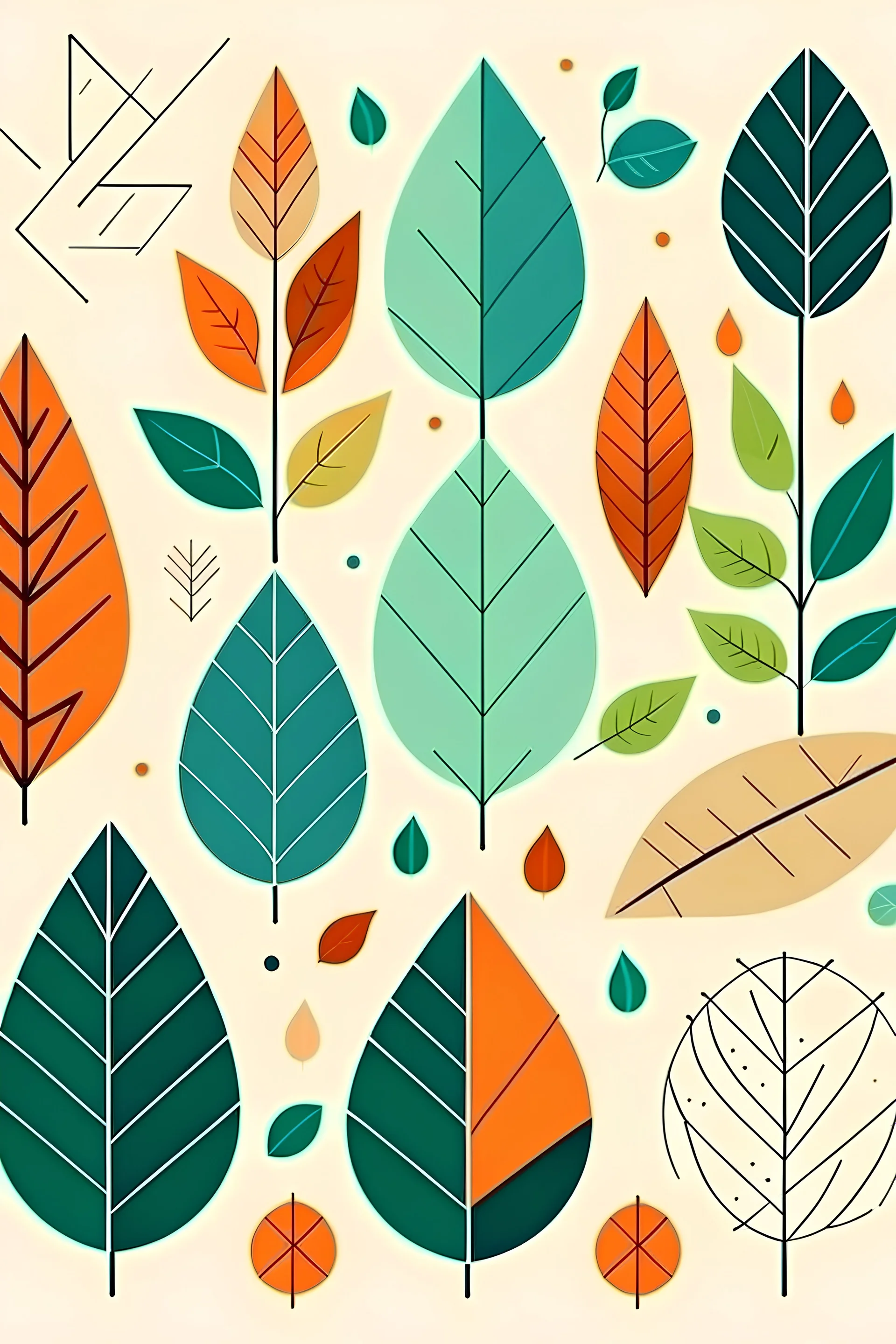 Flat drawings of leaves with geometric shapes