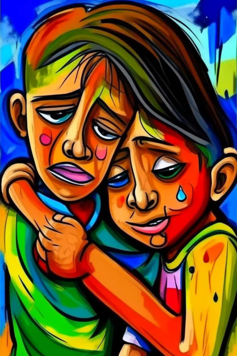 a girl hug her brother and both crying sadly, expressionism, Pixar style, in abstract art Basquiat, Picasso, Miro, Kandinsky, Klee, Birell, Fairey, Ardon, Buffet and Picasso style, HD --s 750 --v 5.1 --style raw, water color