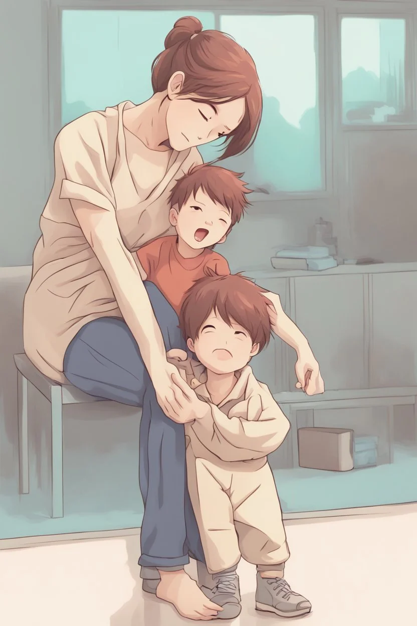 Mother holds her son , anime style