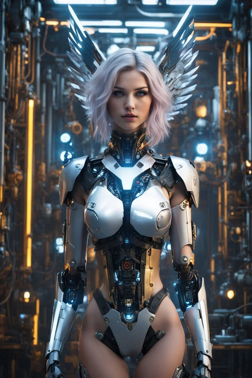 Fullbody Excellence Photography 4k masterpiece, incredible depth, cinematic dynamic lighting, sharp focus, high resolution, high quality, outstanding visual masterpiece, flawless rendering, fine detail, extremely realistic masterpiece a beautiful Angel robot woman with exposed machinery and circuitry, hanging out in a cyberpunk workshop, elegant machinery, glowing circuitry on skin)))), (((perfect face, proportionate face, beautiful features, unbelievable detai