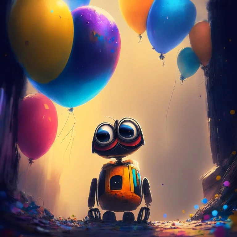 Wall-E, digital art, anime, 4k, full details, high resolution, colorful, alone, balloons, cinematic