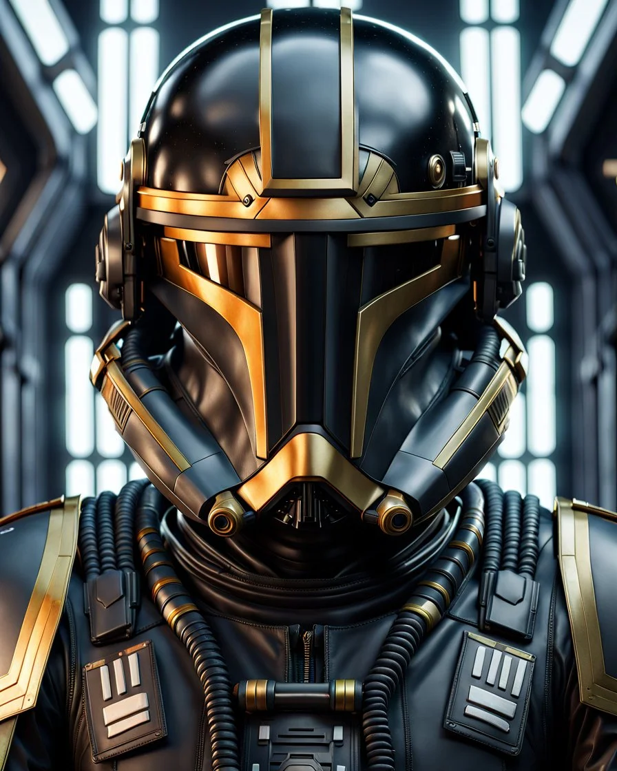 star wars bald male corellian pilot wearing dark gunmetal grey and black First Order special forces TIE pilot armored flightsuit and helmet with gold trim inside the jedi temple, centered head and shoulders portrait, hyperdetailed, dynamic lighting, hyperdetailed background, 8k resolution, volumetric lighting, light skin, fully symmetric details