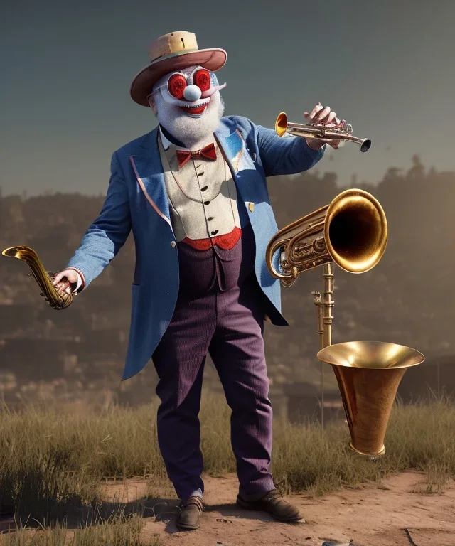 mechanoid old friendly fat clown with trimmed beard playing jazz with a steampunk theme, trumpet, realistic