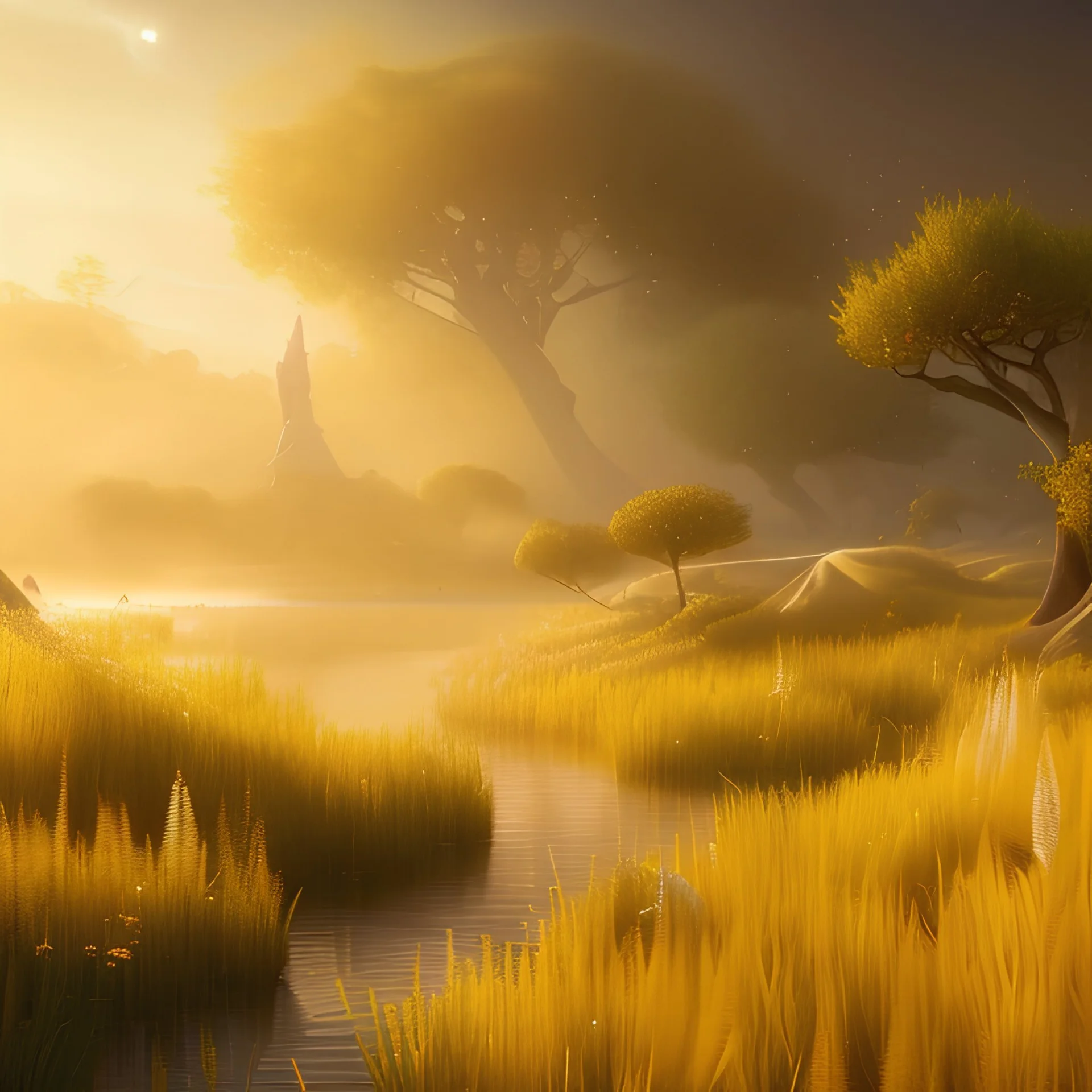 beautiful golden landscape very etheric and cosmic, delicate colors, ultra sharp focus, 8k, unreal engine 5, extremely sharp detail, light effect, soft light atmosphere, smooth, full of details, face in front, complete vision of face and hair and of the body