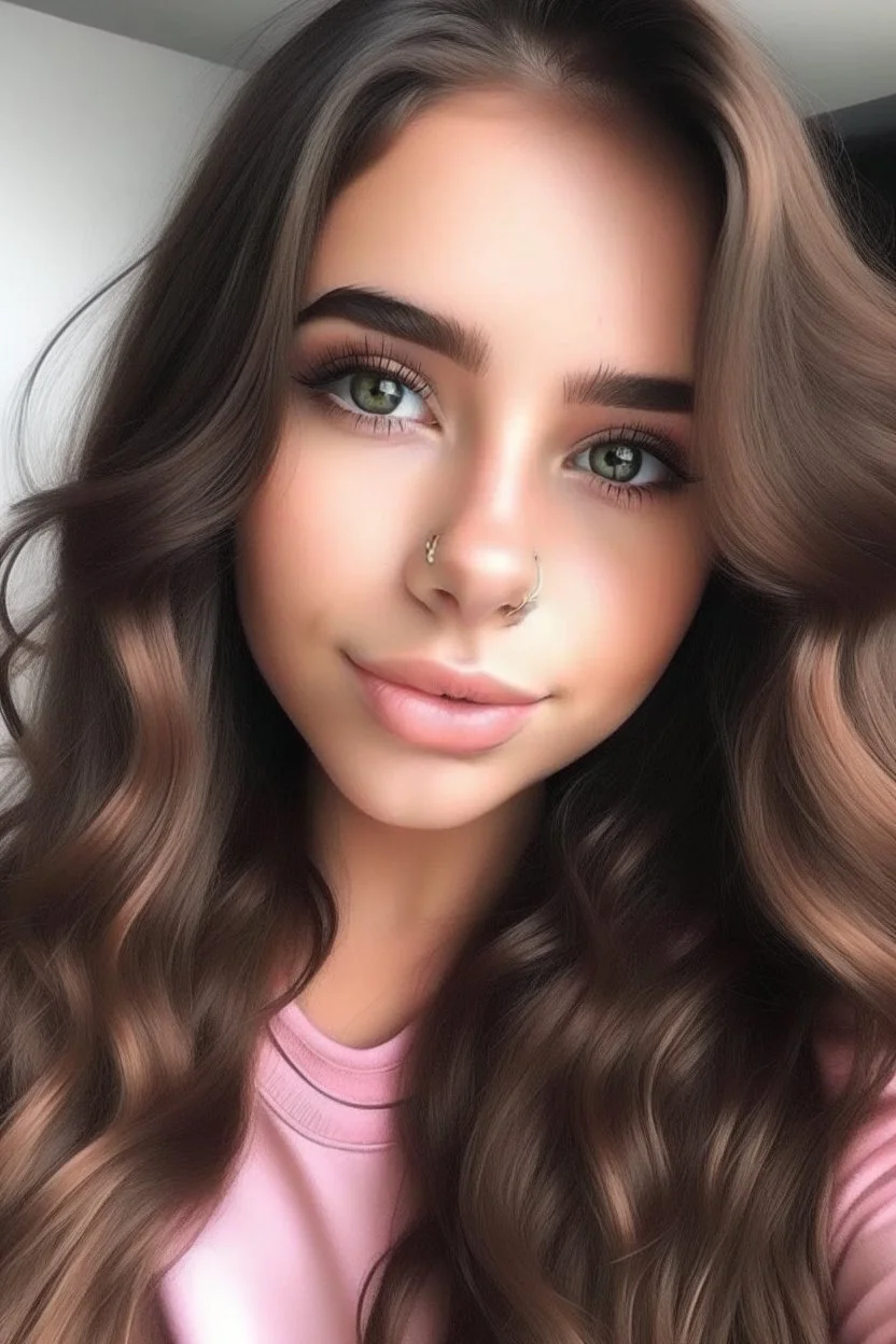 girl , brown eyes, pink lips, long brown wavy hair and dimples