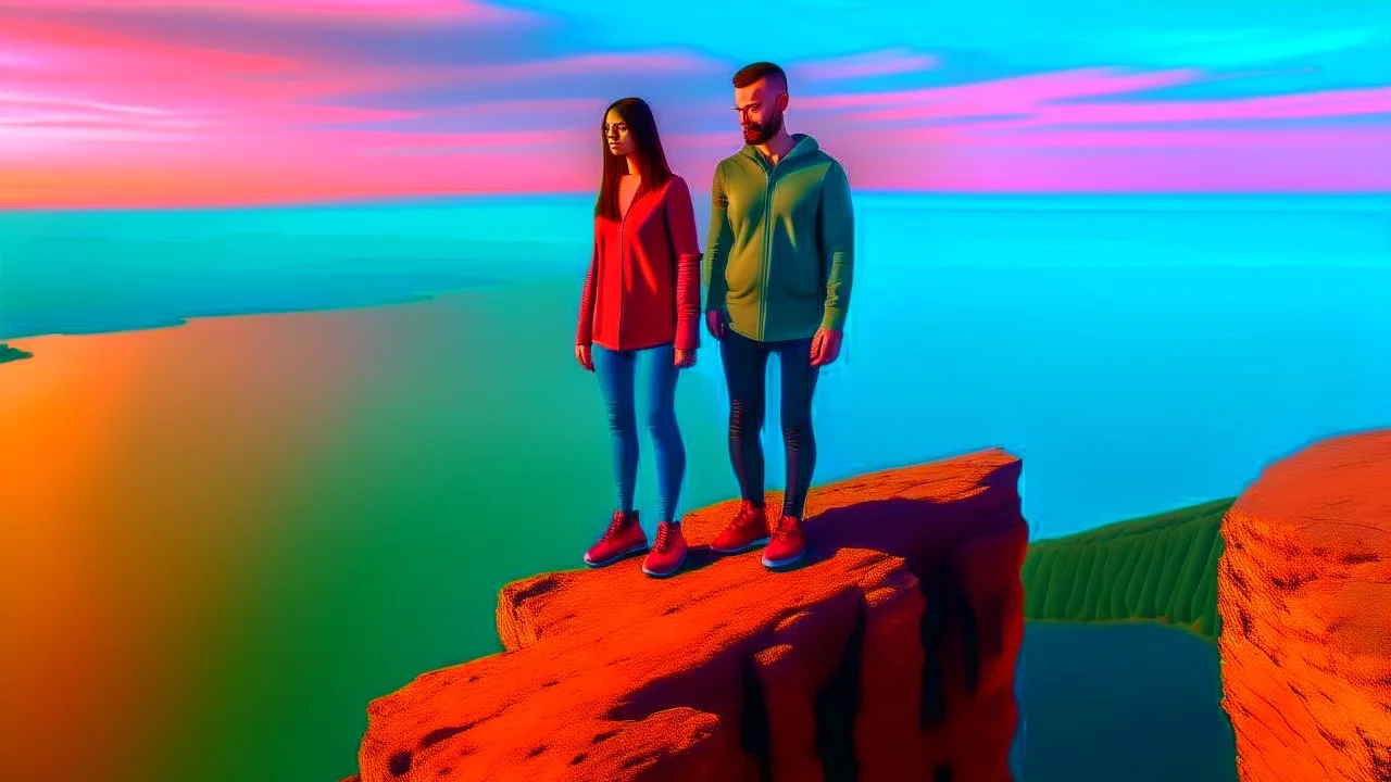 Only one guy and a girl are standing on the edge of a cliff and holding hands