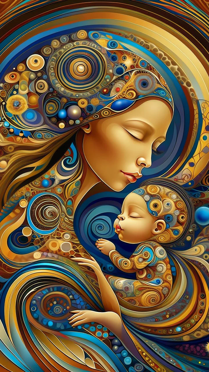 A digital artwork of women with her baby adorned with intricate patterns and designs. The figure's face is covered in swirling lines, circles, and other abstract patterns in hues of mocha, navy and gold.The background is a colorful glass , with abstract patterns that complement the figure's design. The overall ambiance of the image is dreamy and surreal.