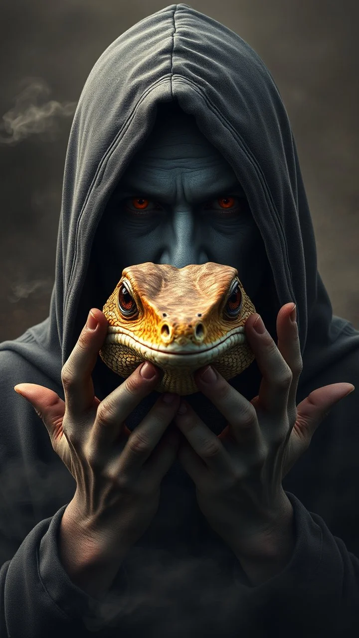 Portrait of aa evil gray skin male hooded Cary with both hands a head of a lizard in front. A lot of smoke on the background