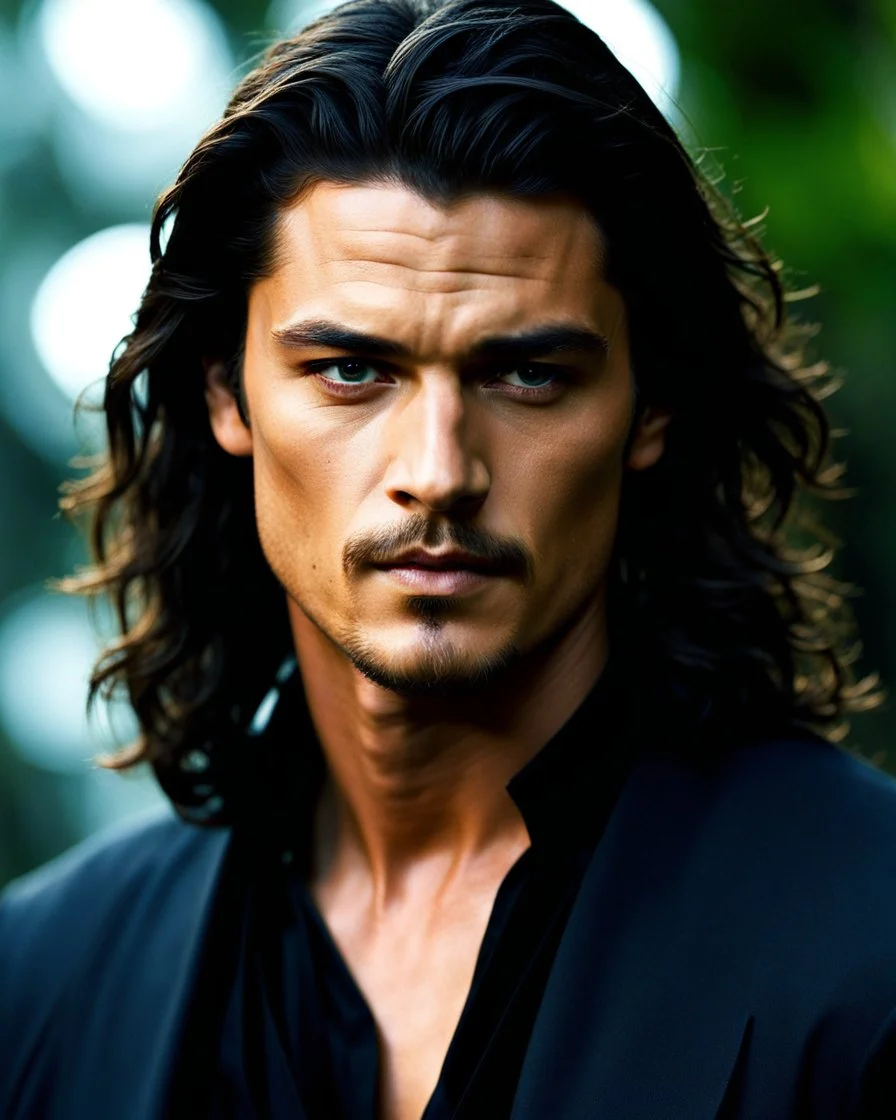 Orlando Bloom x Jason Mamoa as handsome beta male age 25 with shoulder length hair and a goatee. dark fantasy.