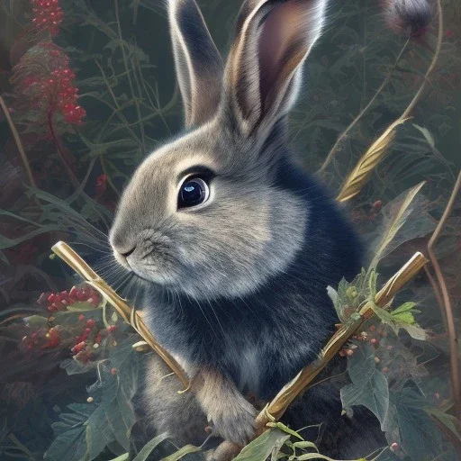 fantasy magic, sharp focus, illustration, highly detailed, digital painting, concept art, art germ and Paul Lewin and Kehinde Wiley, masterpiece silver solo rabbit, dark blue aye