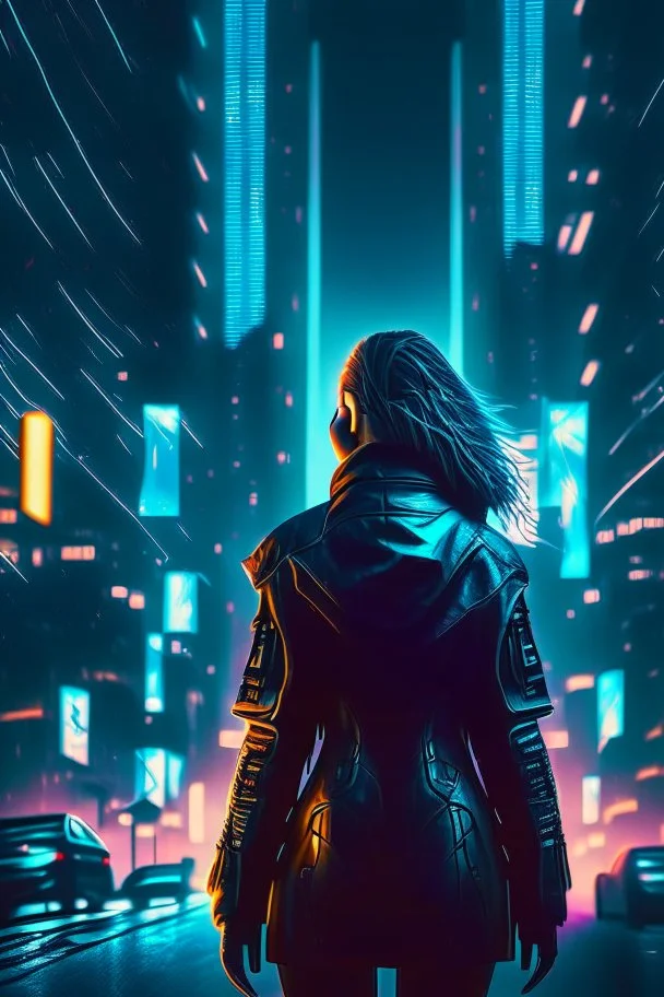 Noir, woman from the back silhouetted by neon lights facing empty night futuristic city in photorealistic style, cyberpunk, ice blue neon signs, street level view, raytracing, depth of field, cinematic, highly detailed, rim lighting