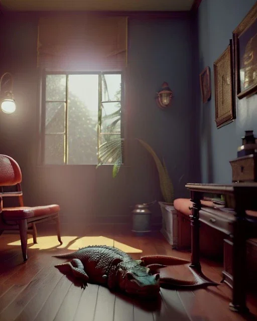 Room scene with alligator sleeping, Wes Anderson styler, concept art, smooth, unreal engine 5, god lights, ray tracing, RTX, lumen lighting, ultra detail, volumetric lighting, 3d.