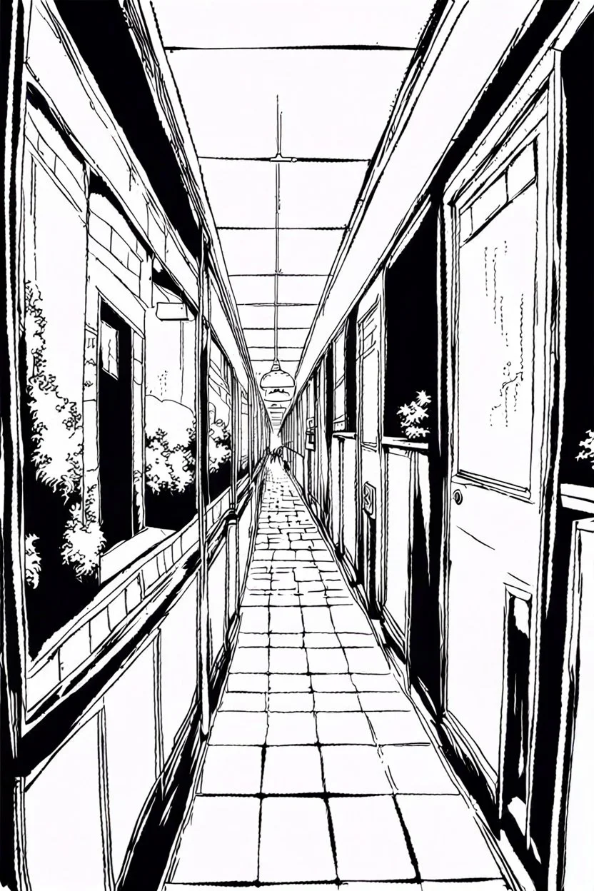 Corridor in the dark, lateral view, line arts, manga style