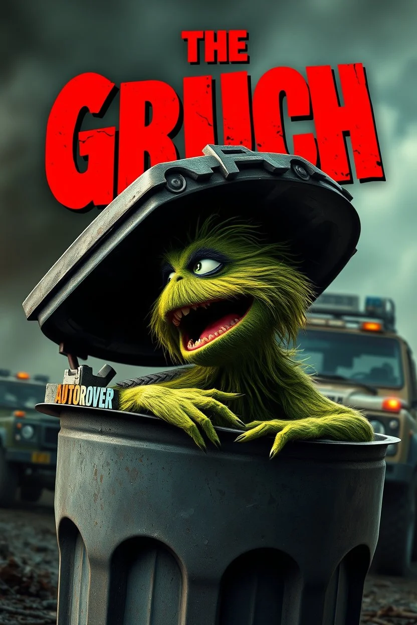 Oscar the Grouch SESEME ST CHARACTER IN LARGE GARBAGE TRASH BIN,GARBAGE TRASH BIN, side profile, "GARBAGE TRASH BIN IN FRONT" man in super blackscary (((((autofarm)))))) TITLE in movie poster movie style horror look. as five headed mouth open, rough teeth, turn head around, landrover crash in background(&*&*^%$^#%$#%$^%$#^#$#^%#$^$#