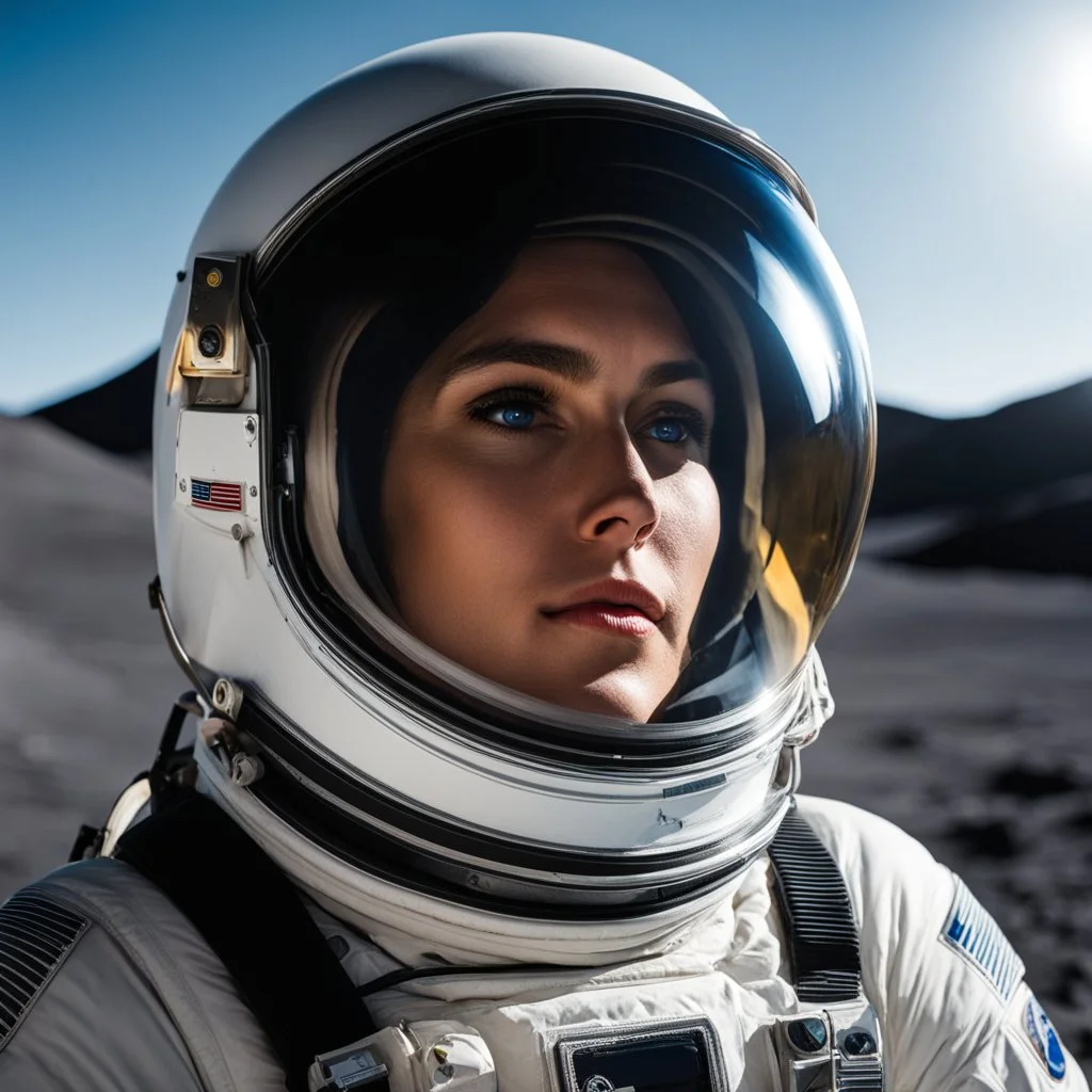 a close up on the helmet of a spacesuit on a moon, a woman reflected in the glass of his helmet