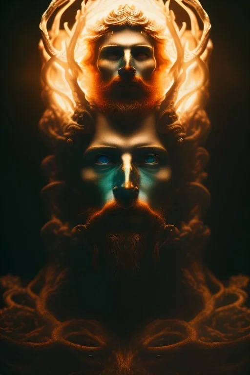 portrait photography of an ethereal beautiful animal god, Fire theme art, Dark moody night atmosphere, Portrait of a man by Michelangelo, 8K, close-up face, anatomically perfect face, oak tree roots, ignore NSFW