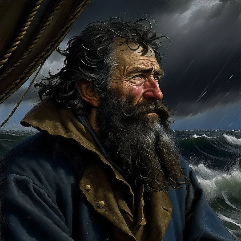 The large angry black haired bearded skipper "Boatsman" looking out at a stormy sea realistic grimdark