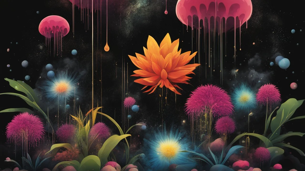 Exotic flora and fauna dripping black liquid in a Multiverse background