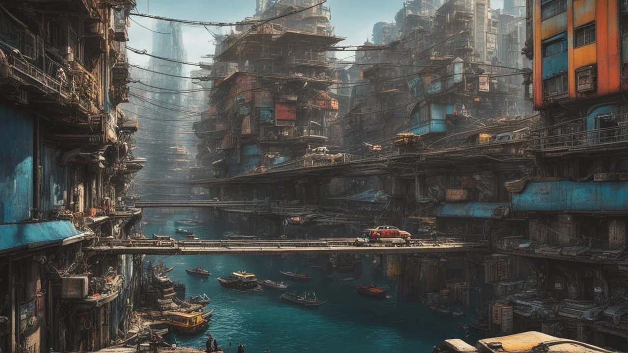 Water-level view of buildings made of reused dirty rusty metal on a futuristic canal junction, cyberpunk, many painted colours, flying boats, balconies, bridges, people, shopping, eating, walking, fifth element, ghost in the shell, altered carbon