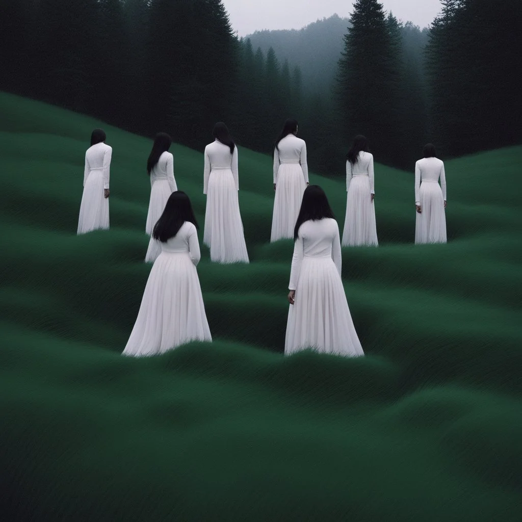 a group of women standing on top of a lush green hillside, inspired by Ren Hang, design milk, long black hair, whites, wanderers traveling from afar, trending on artisation, cloning spell, coat pleats, in twin peaks, submarine, by Helen Thomas Dranga, symetry, round-cropped, noire photo