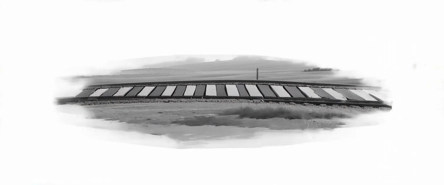 sideview of old western railway track, overcast sky, fields in background, from photo reference, add detail