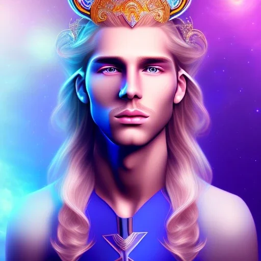 smiling beautifull long hair blond man face with diadem on the forehead , cosmic armor and cosmic purple and blue sky behind