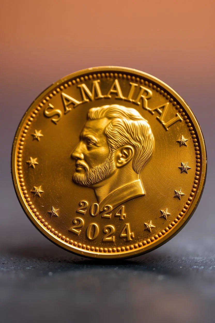 view of the word, Samarrrai , on a gold coin ,with picture of , man head , 2024 , Sam ,in the middle of the coin.