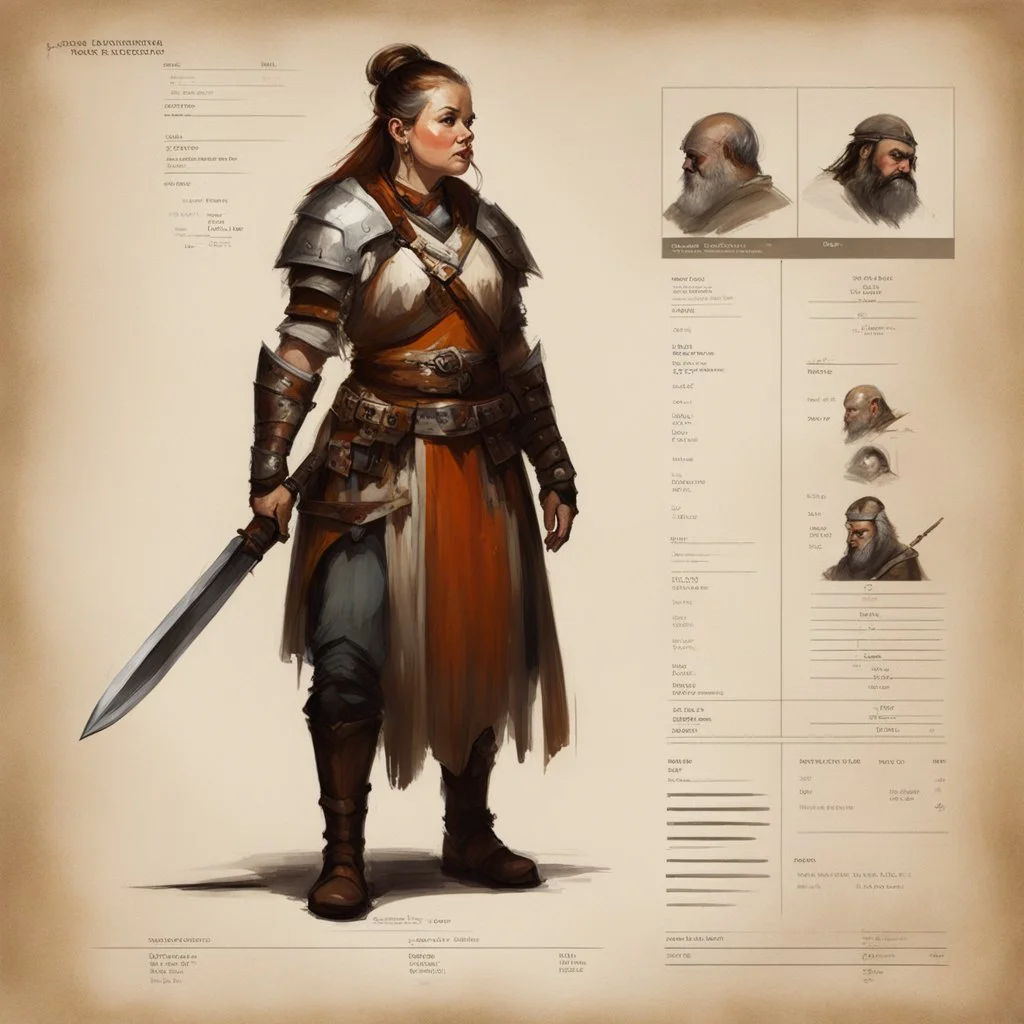 ConceptSheet [by Guy Borremans]: woman dwarf warrior and her laxe with AD&D statistics