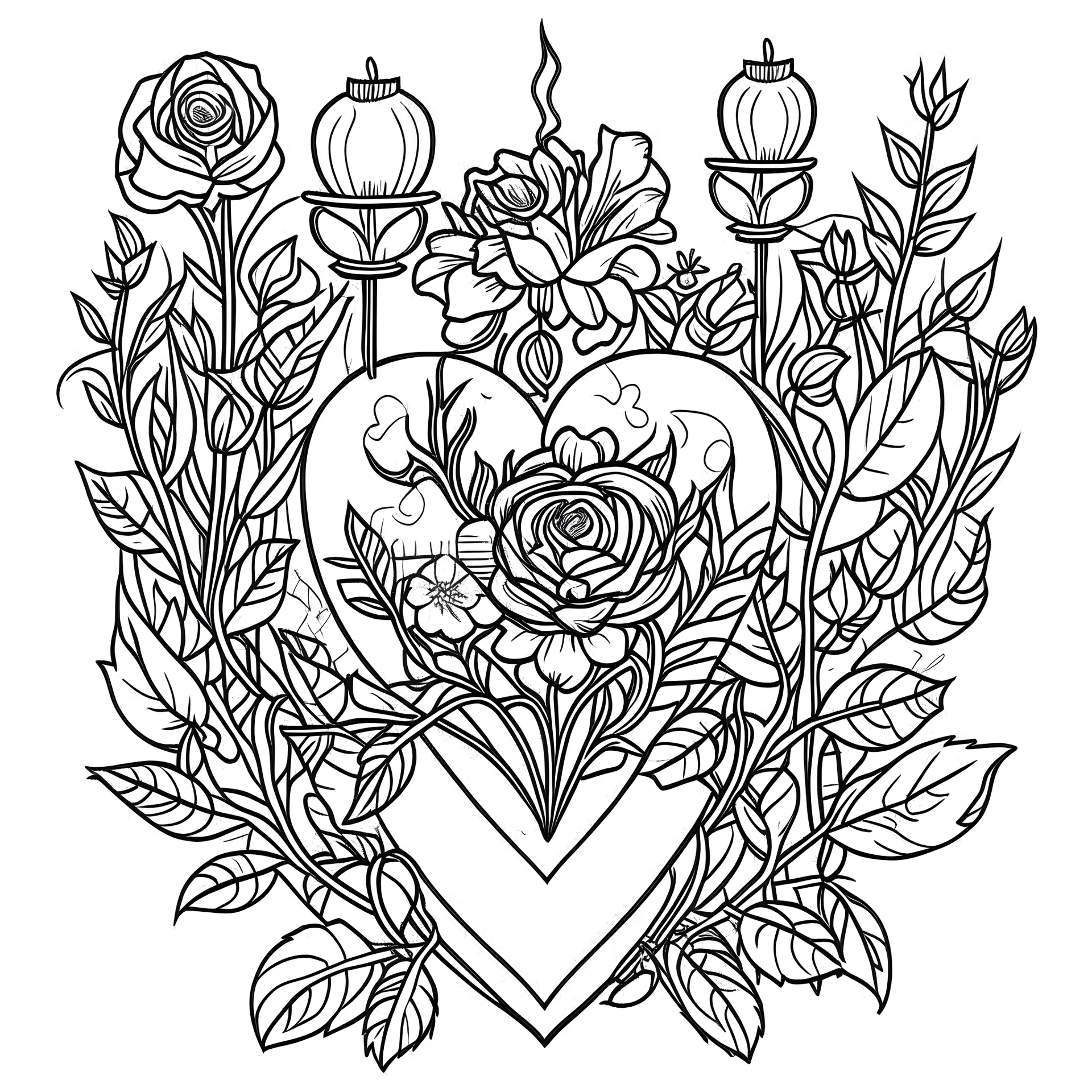 outline art for square Human Heart Candles Ikebana flowers style coloring page for kids, classic manga style, anime style, realistic modern cartoon style, white background, sketch style, only use outline, clean line art, no shadows, clear and well outlined