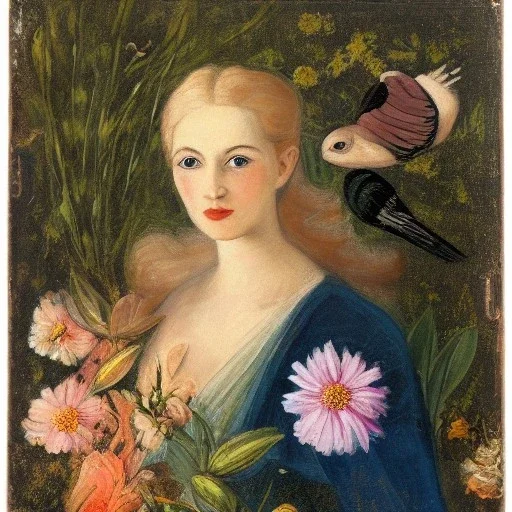 portrait of blonde woman with flowers and birds